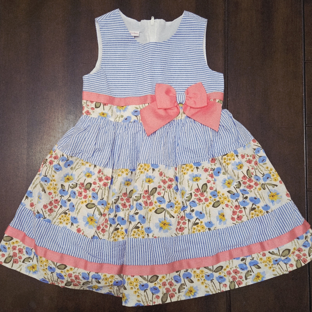 Bonnie Jean Blue Striped Dress with Pink Bow